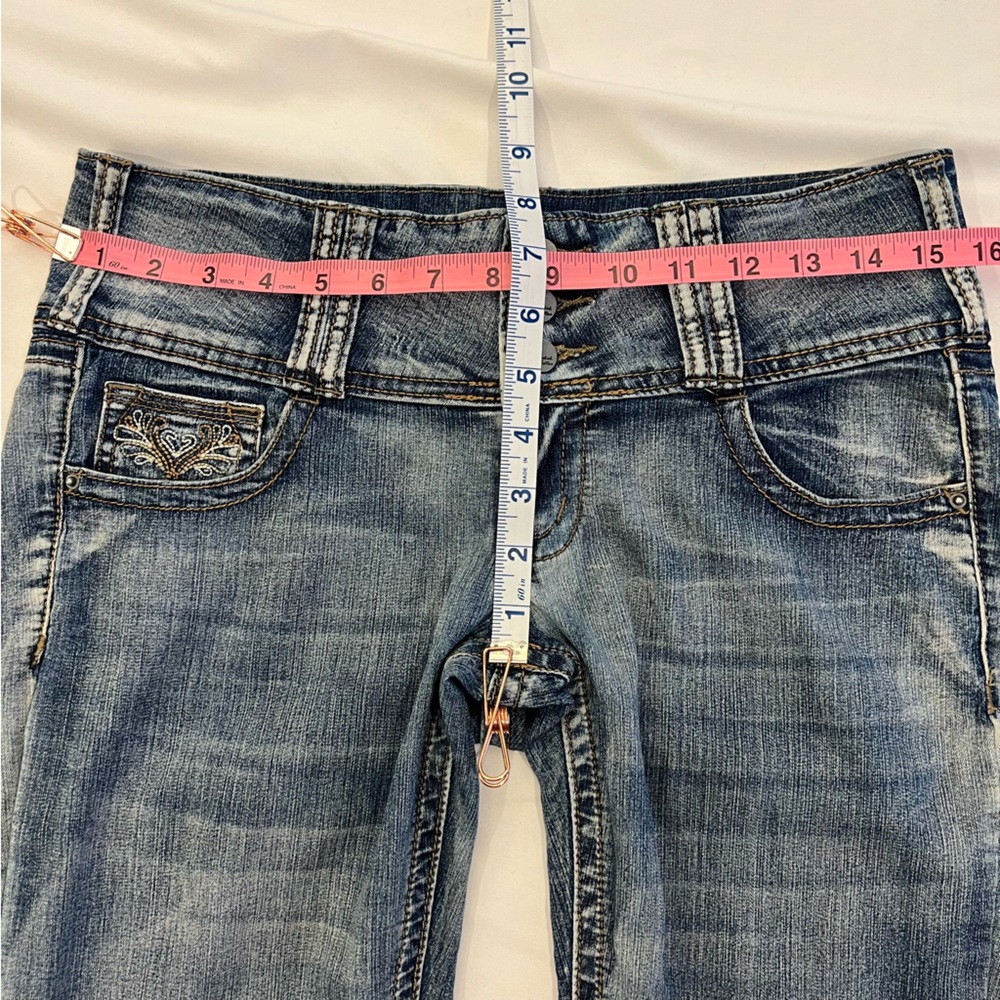 Vintage Industrial Cotton Embroidered Distressed Flare Bootcut Denim Jeans SZ 5 - Picture 15 of 16